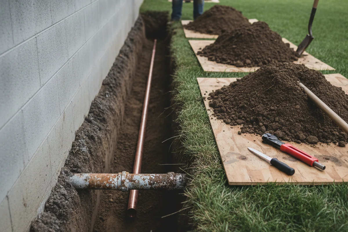Excavated water line trench during Water Softener Installation in Rincon